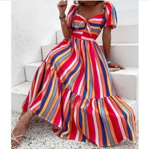Boho Multicolor Stripes Puff Sleeve Maxi Dress